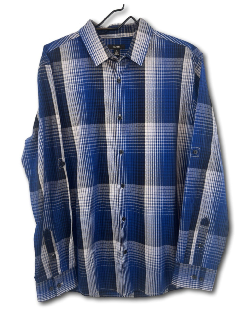 Alfani Men’s Button Up Roll Tab Long Sleeve Shirt Blue White Black Plaid Size L